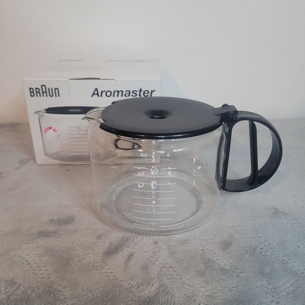 Braun Aromaster 10 ~10 Cup Glass Carafe Clear/Black Lid KFK10 Replacement New